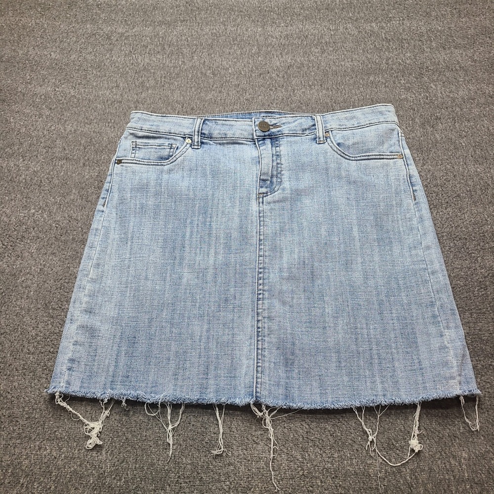 KUT from the Kloth Light Wash Frayed Hem Denim A-Line Mini Skirt Womens